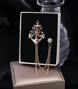 Elegant Gold Alloy Anchor & Helm Chain Brooch Unisex
