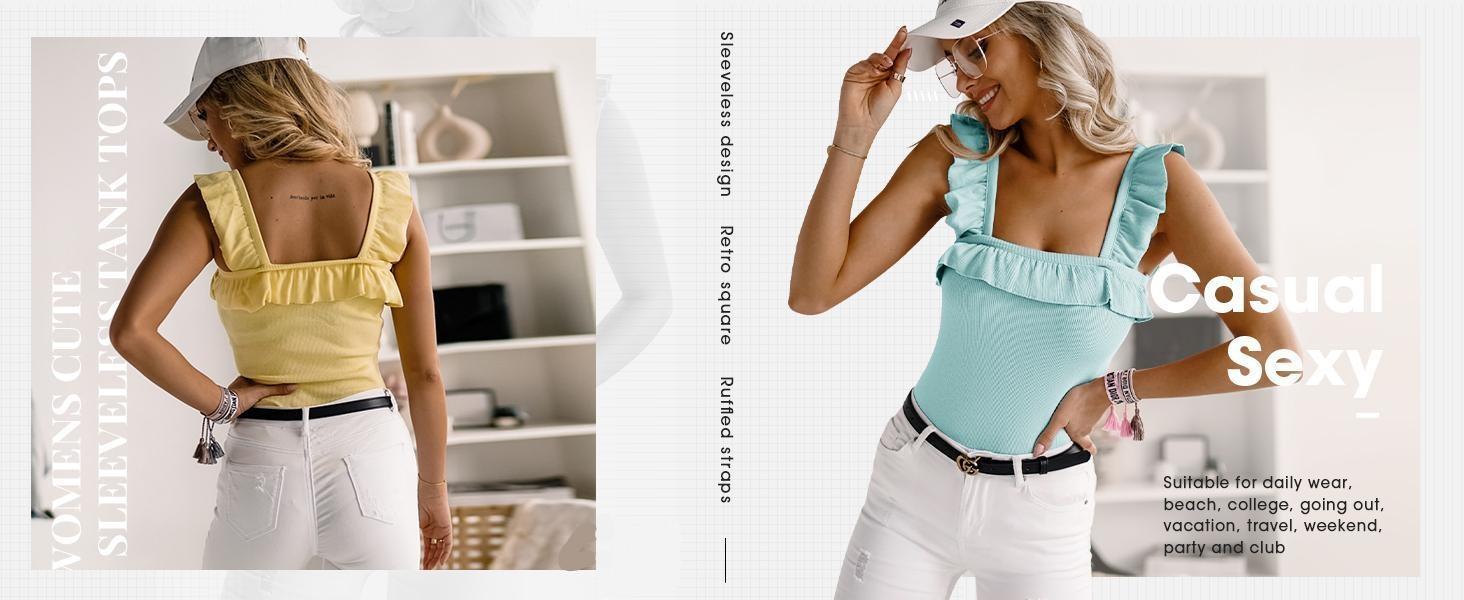 Imily Bela Womens Cute Sleeveless Tank Tops Ruffle Strap Square Neck Blouse Solid Color Knitted Camisole