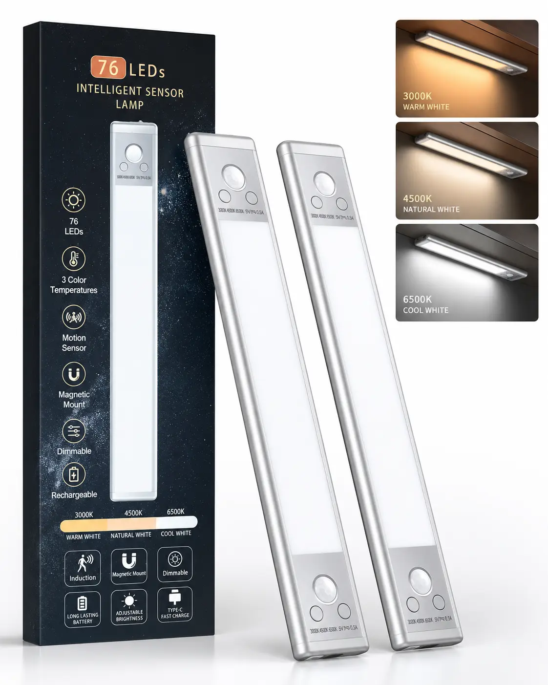 76-LED Intelligent Motion Sensor Lamp - 3-Color Temperature (3000K, 4500K, 6500K), Magnetic Mount, Rechargeable Indoor Lighting for Home Improvement