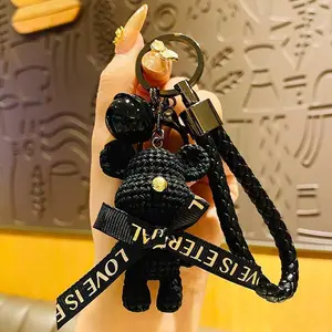 New Leather Weave Rope DIY Bear Keychain Cartoon Cute Animal Doll Keyring Women Couple Bag Car Charm Key Chain Girl Gift 2022