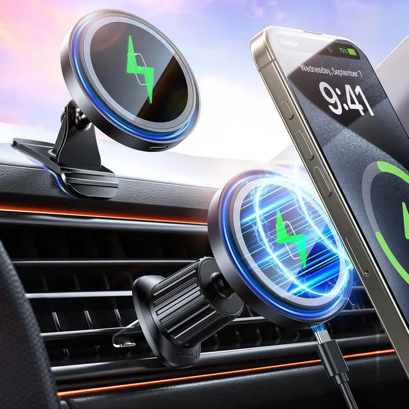 OANDYS 15W MagSafe Car Charger - 3-in-1 Magnetic Holder Mount with N55 Magnet, Adjustable LED Night Light Guide, Car Charger Fast Charging for iPhone Driving Use, Cordless Wireless Power Attachment