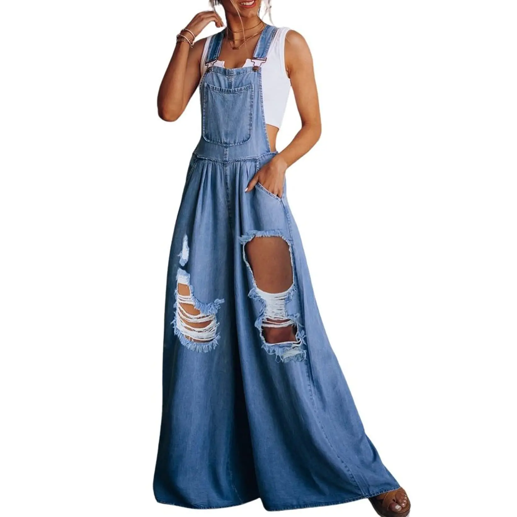 Chouyatou Women's Basic Solid Casual Wide Leg Denim Bib Overalls - Loose, Adjustable Strap, Comfortable, Lightweight, Pocketed for Hot Weather, Style, Outfits, Women's Fashion, Clothes, Jeans, Overalls For Women,back to school shopping
