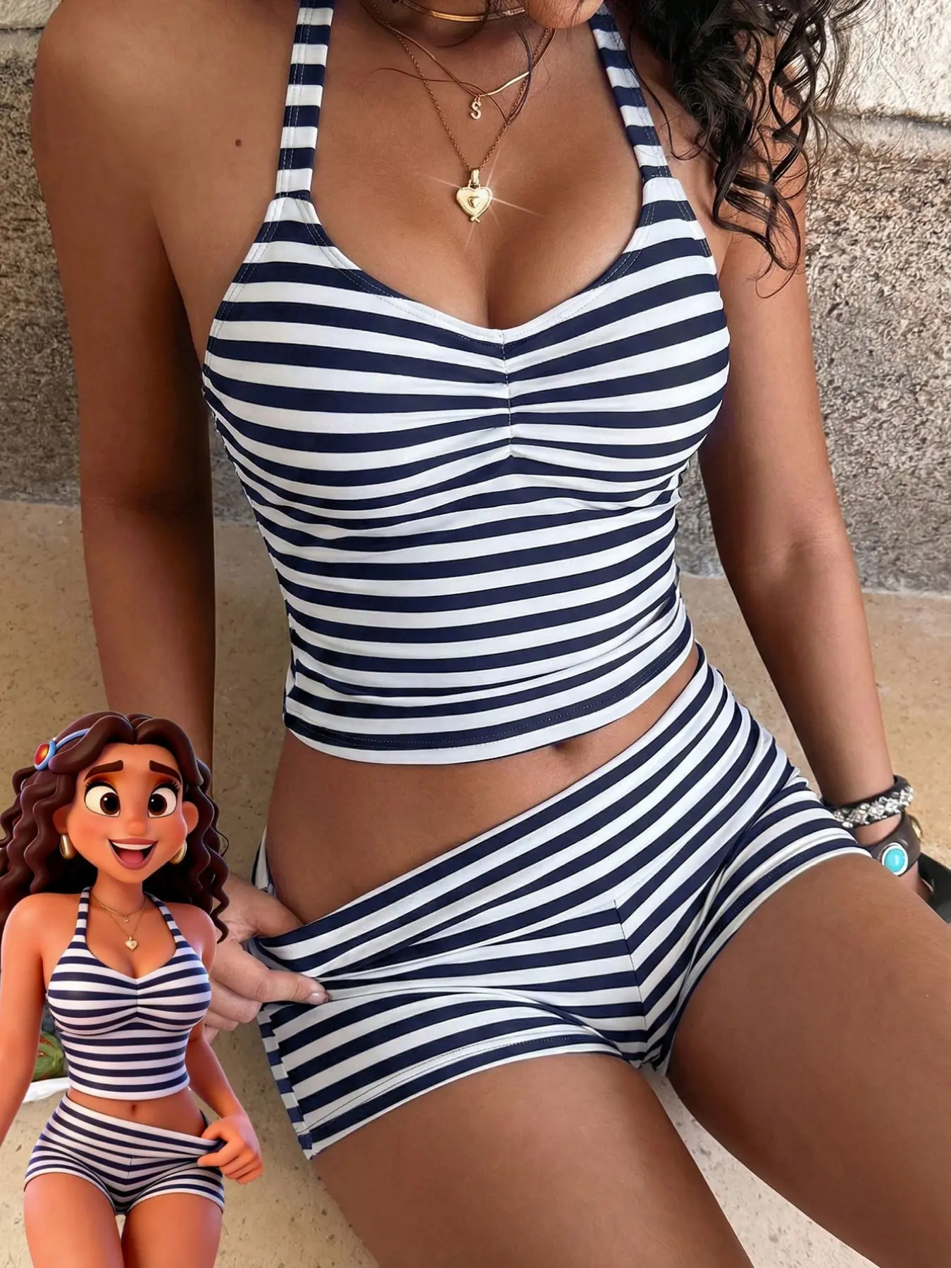 Striped Tankini Swimsuit, Elegant Sexy Halter Crop Top & Boyshorts, Women Sporty Swimwear for Beach Pool Vacation, Spring and Summer, Striped Swimsuits, Sporty Bathing Suit, Halter Neck Tankini, Tankini Set Swimsuit