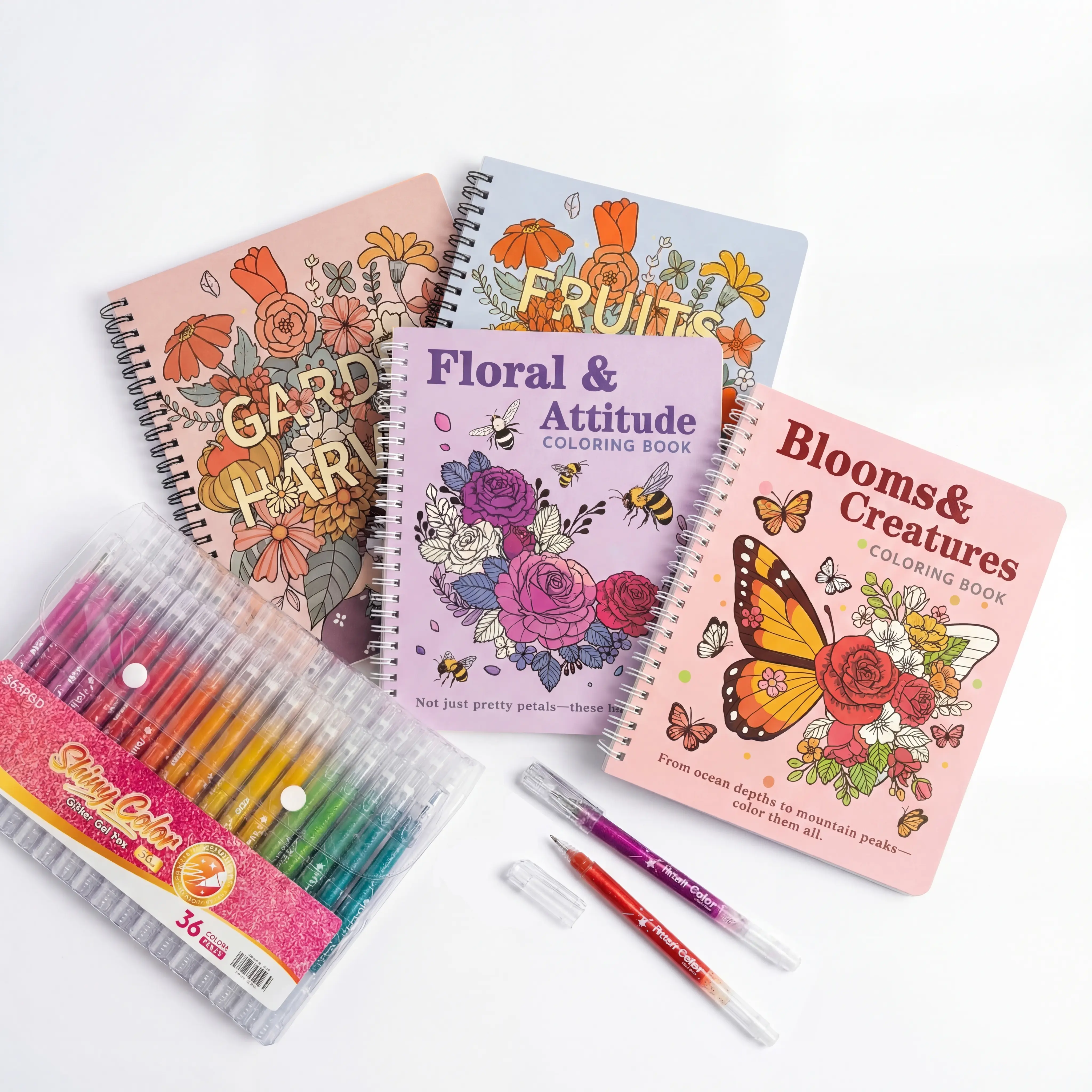 Adult All-in-1 Art Craft Supplies Coloring Set - 4 Thick-Paper Floral Original Coloring Books with Flat Binding, 36 Glitter Ink Gel Pens, Stress Relief Tool for Relaxation, Creative Gifting for Friends, Everyday Creative Relaxation