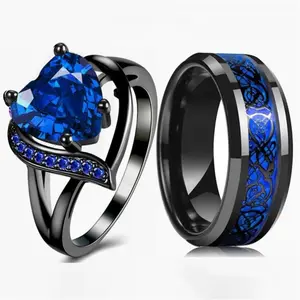 AW Couple's Ring Set Heart & Celtic Dragon Blue Accented Stainless Steel for Him and Her Romantic Daily Wear Jewelry Gift Comfortable Fit for Weddings Anniversaries