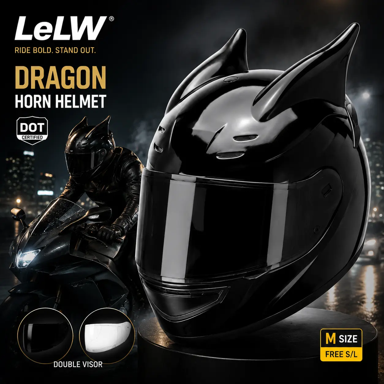 LeLW Dragon Horn Motorcycle Helmet DOT Certified Full Face Helmet for Men & Women, Unique Horn Design Lightweight Street Riding Helmet with Breathable Removable Liner, Adjustable Fit, Dual Visor & E-Bike Compatible