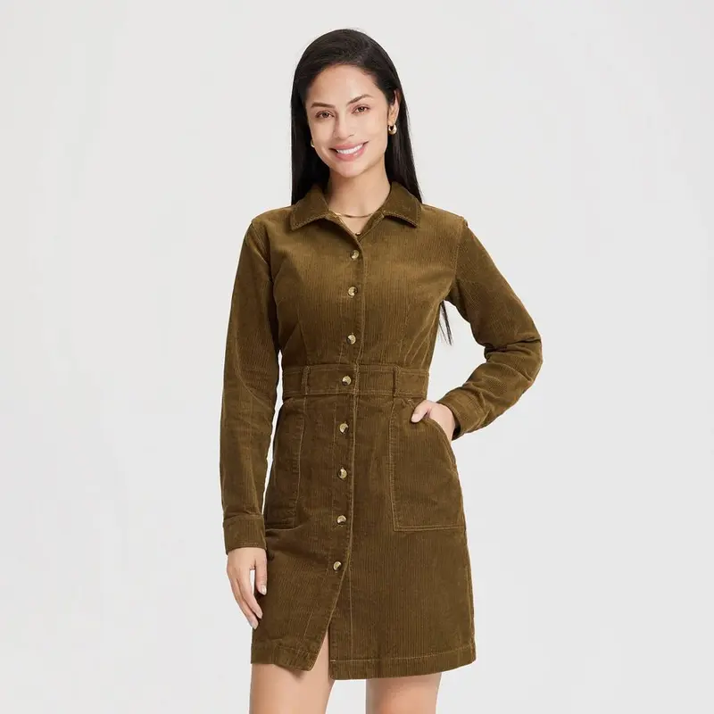 fitted lace wedding dress LifeShe Corduroy Shift Dress for Women Long Sleeve Button Down Lapel V Neck  Midi Dress Brown at Amazon Women's Clothing store main image 0