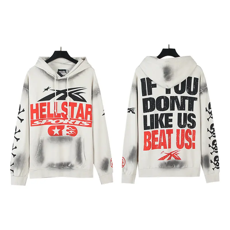 HELLSTAR Certified Professional Y2K Premium Cream Dirty Wash Pullover Hoodie Skull Sleeve Slogan Graphic Mens Standard Fit