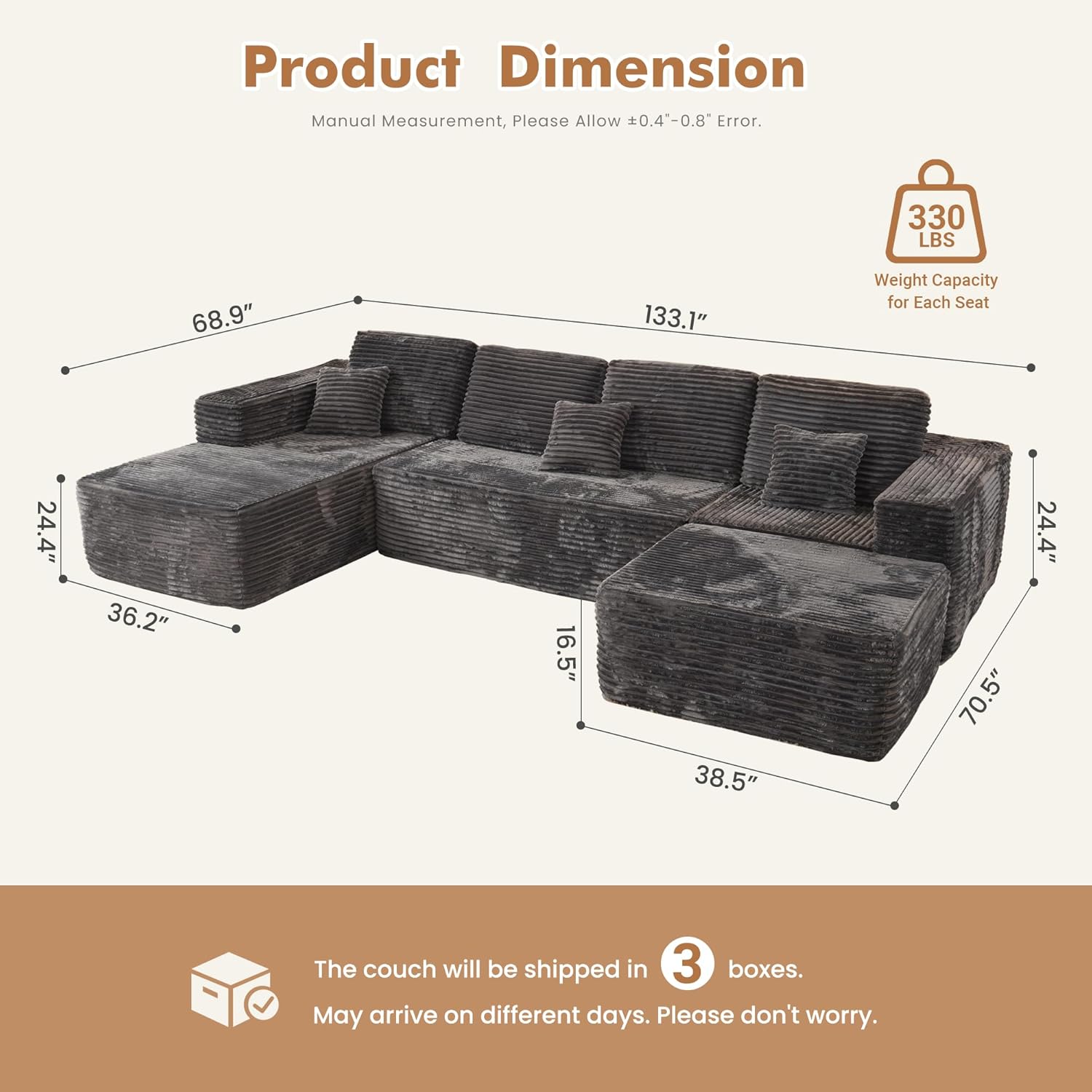 133" U Shape Cloud Couch Plus Sectional Sofa with Chaise Modern Modular Sofa with 7 Soft Pillows & Lounge Chairs Boneless Upholstered Couches for Living Room Bedroom Plush Corduroy Fabric U-Shaped Bed
