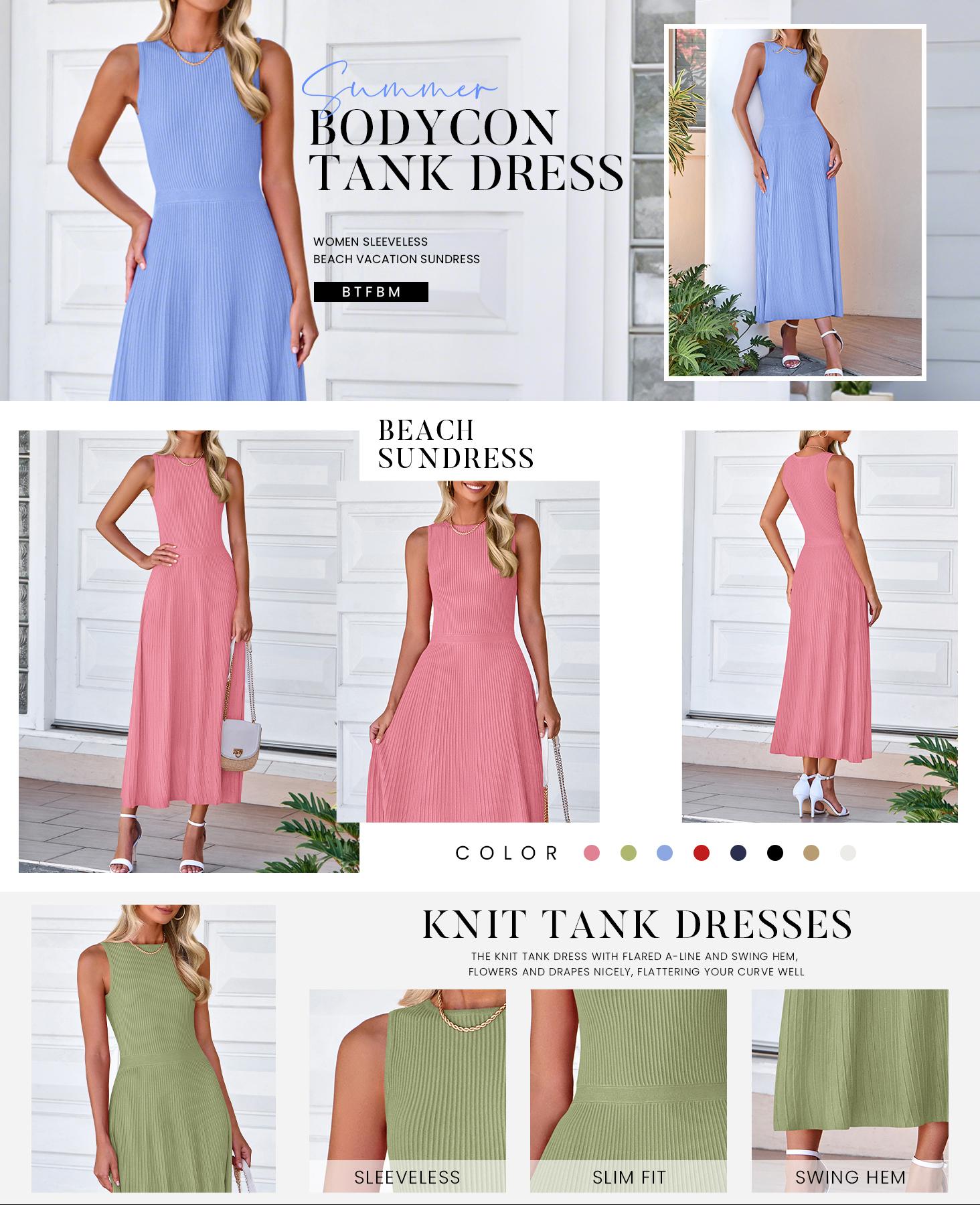 BTFBM Women's Midi Bodycon Tank Dress Summer Crewneck Rib Knit Sleeveless Pleated Swing A Line Business Casual Dresses