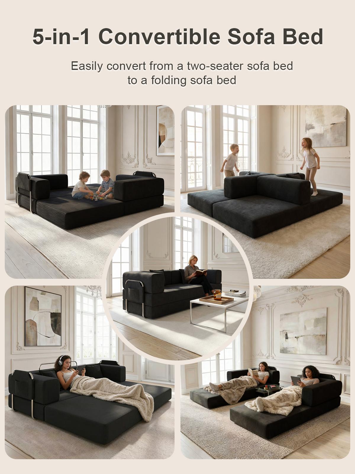 Compressed sofa, 79-inch convertible sofa bed, fixed frame, removable armrests, modular corduroy sofa bed, folding mattress sofa, suitable for small spaces - no assembly required, includes two pillows, black. Compressed sofa, 79-inch convertible sofa bed, fixed frame, removable armrests, modular corduroy sofa bed, folding mattress sofa, suitable for small spaces - no assembly required, includes two pillows, black.