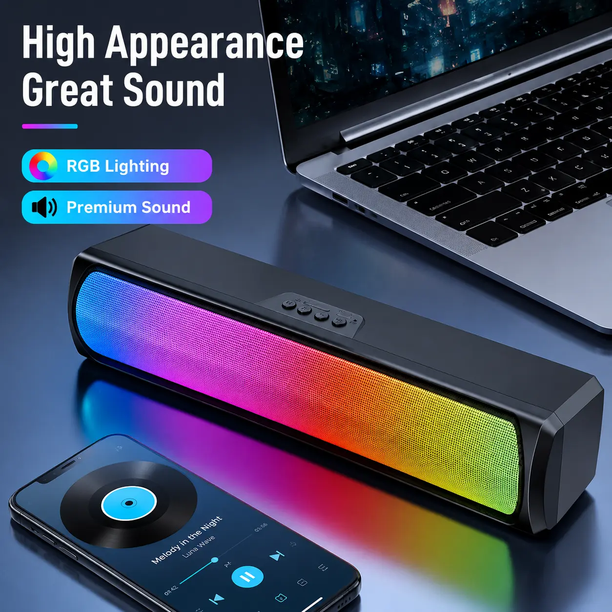 RGB Bluetooth 5.3 Wireless Soundbar Speaker, 3D Surround Stereo Deep Bass 0 Delay, Dynamic Color-Changing LED Lights, TF Card Playback, Type-C Charging, Slim Compact for PC Gaming, TV, Laptop Home Audio