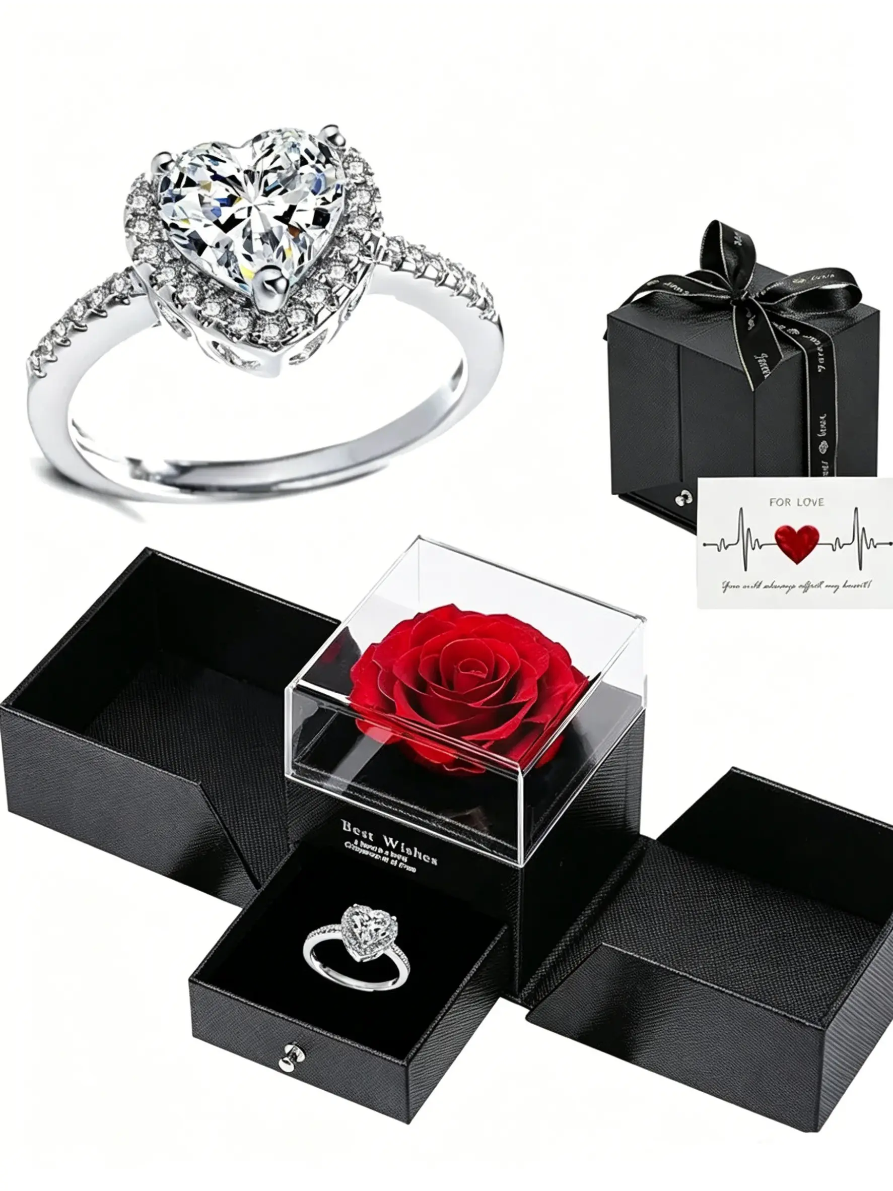 Elegant Heart Shaped Zircon Promise Ring, Heart Promise Rings in Rose Gift Box, Promise Ring for Women, Adjustable Open Design, Tarnish-Resistant, Valentine's Day Jewelry Gift for Girlfriend, Engagement Ring, Perfect for Proposals & Anniversaries
