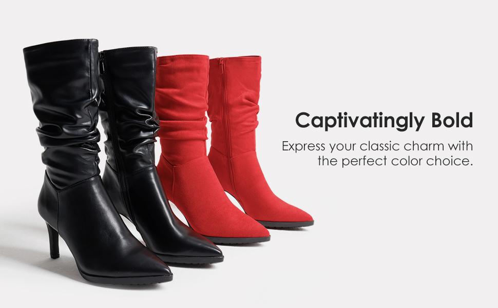 DREAM PAIRS Women's Mid Calf Slouchy Boots Pointed Toe Heeled Boots Zip Fashion Dressy Boot