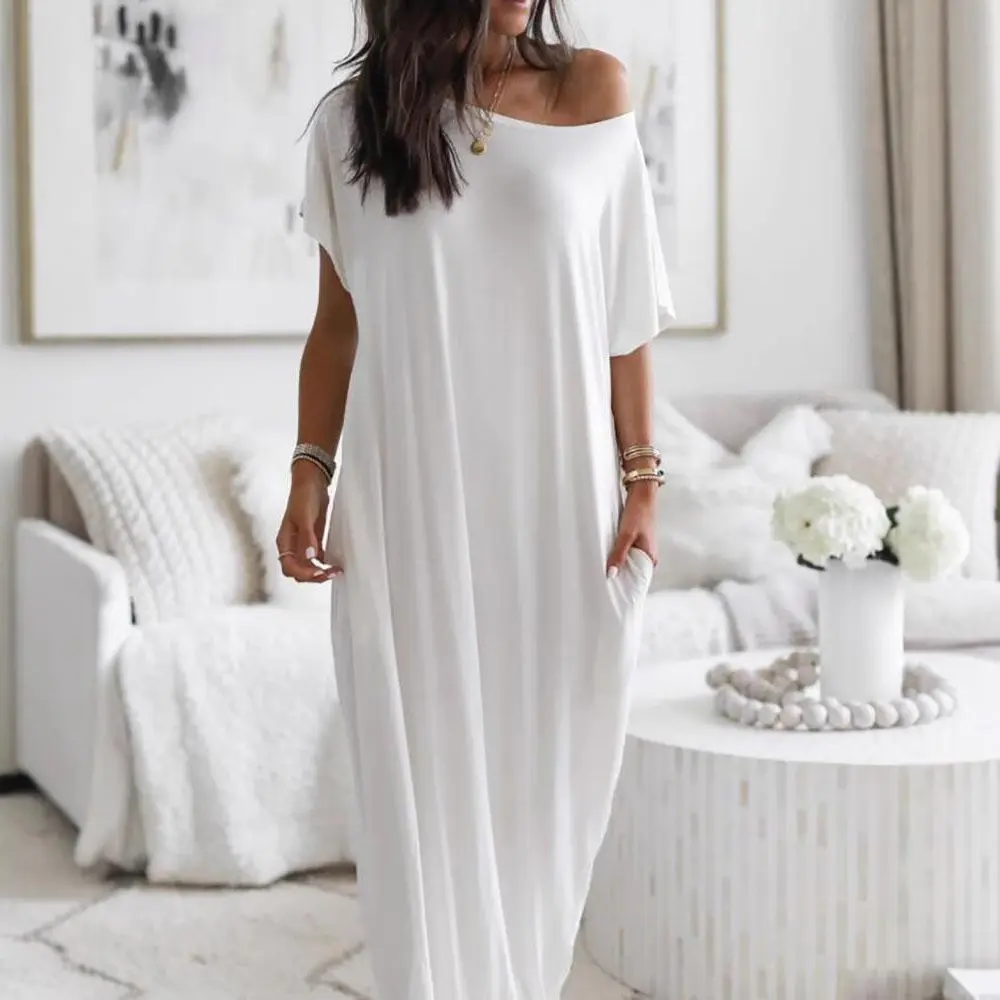 Women's Solid Color Batwing Sleeve Lounge Dress, Casual Comfy Short Sleeve Nightdress for Daily Wear, Ladies Sleepwear for All Seasons