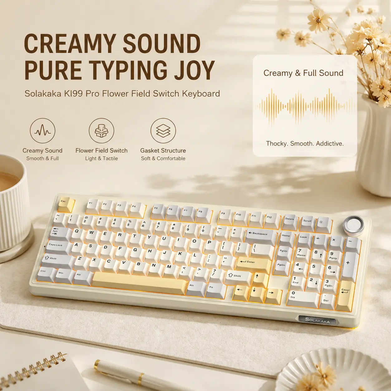 Solakaka KI99 Pro 96% Tri-Mode Custom Mechanical Keyboard, Bluetooth/2.4G/USB-C Gaming Keyboard, Hot-Swappable Gasket Mount, Flower Field Pre-Lubed Switches, Creamy Sound, RGB Backlit, Knob Control, Beige White Keyboard for PC/Laptop