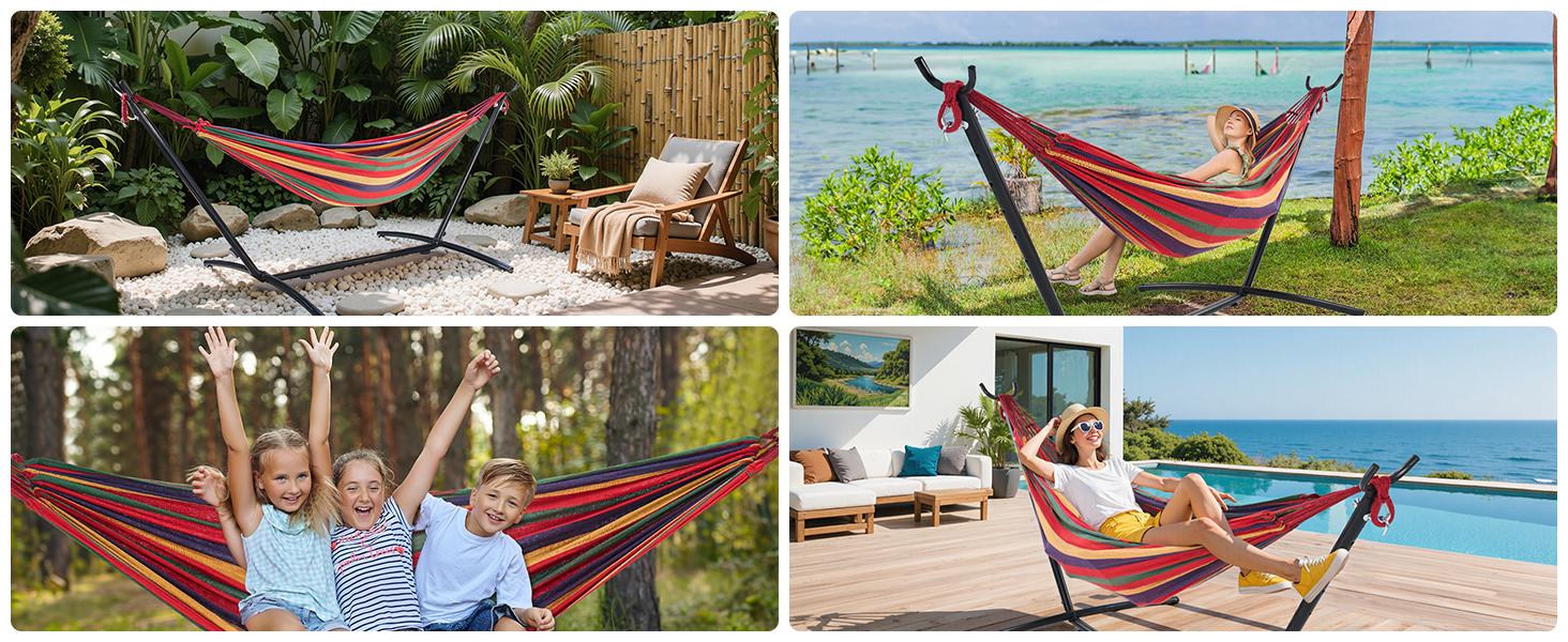 Double Hammock with Space Saving Stand, Heavy Duty Steel Frame, Portable for Outside & Indoor Use, 450lbs Capacity, Easy Assembly, Carrying Bag Included Double Hammock with Space Saving Stand, Heavy Duty Steel Frame, Portable for Outside & Indoor Use, 450lbs Capacity, Easy Assembly, Carrying Bag Included