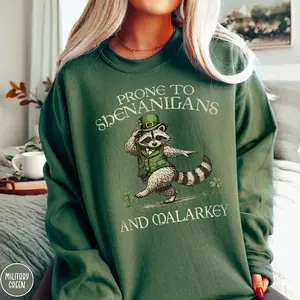 Funny Dancing Raccoon Sweatshirt St. Patrick's Day Humor Shenanigans and Malarkey Leprechaun Shamrock Days Shirt Irish Lovers Gift Crewneck