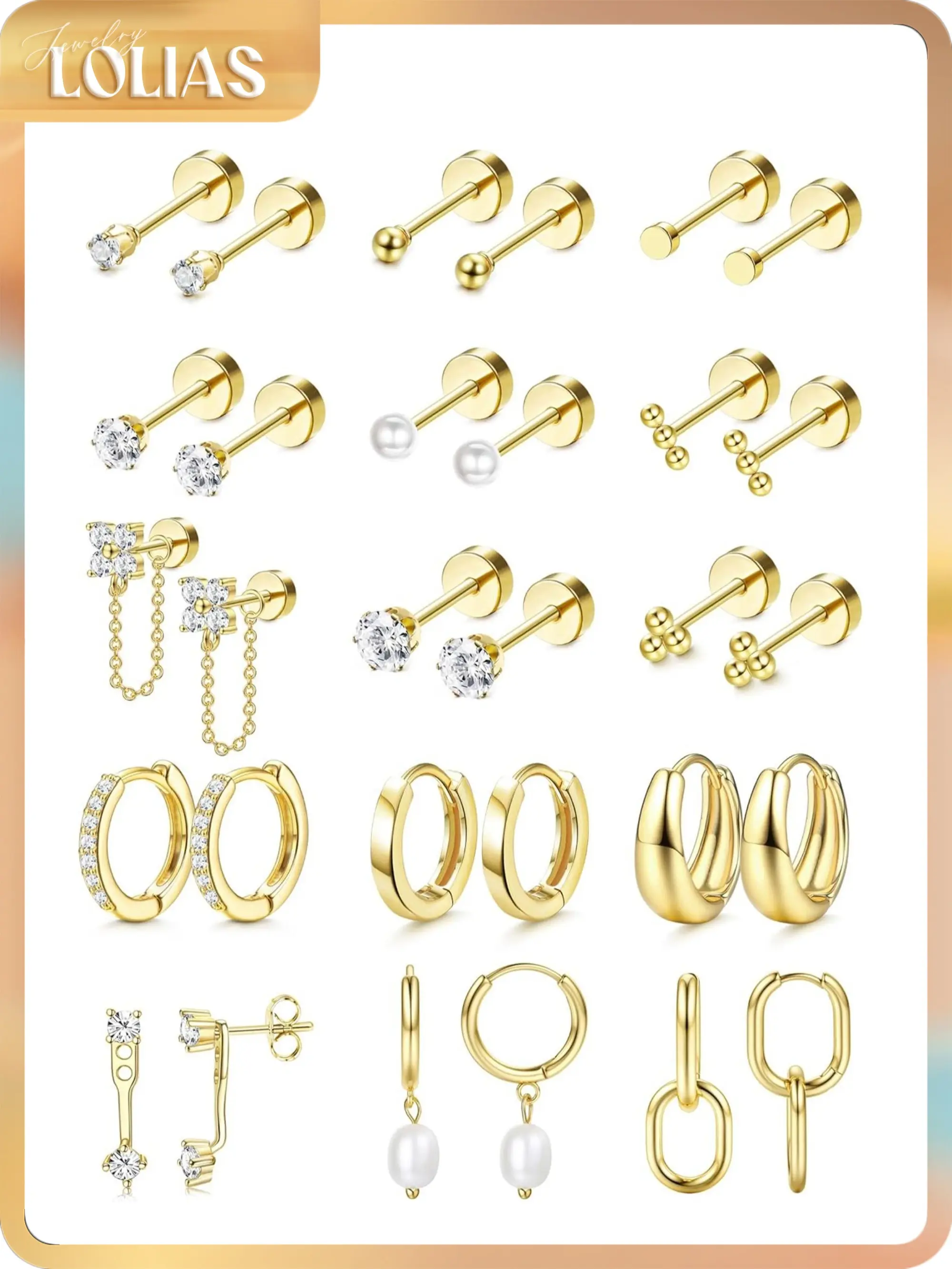 LOLIAS 15-Pair Women's Stack Set, Gold Plated Surgical Steel Hoops, Studs, and Dangles - 20G Hypoallergenic Tarnish Proof Flat Backs for Sensitive Ears, Earrings Jewelry, Dangle Earrings, Ear Studs, Gifts For Women, Earring Stack, Flat Back Earrings