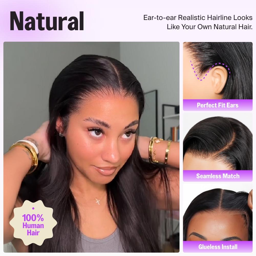 [HOT] Megalook 13x6 Glueless Lace Frontal Wig Pre-Everything Ear To Ear Natural Hairline HD Lace Skin Melted Silky Straight 220% Density Human Hair Wigs With Drawstring