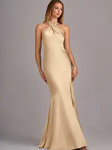 Azazie Lorena Mermaid Crossed-Halter Pleated Leg-Slit Bridesmaid Wedding Guest Satin Dress