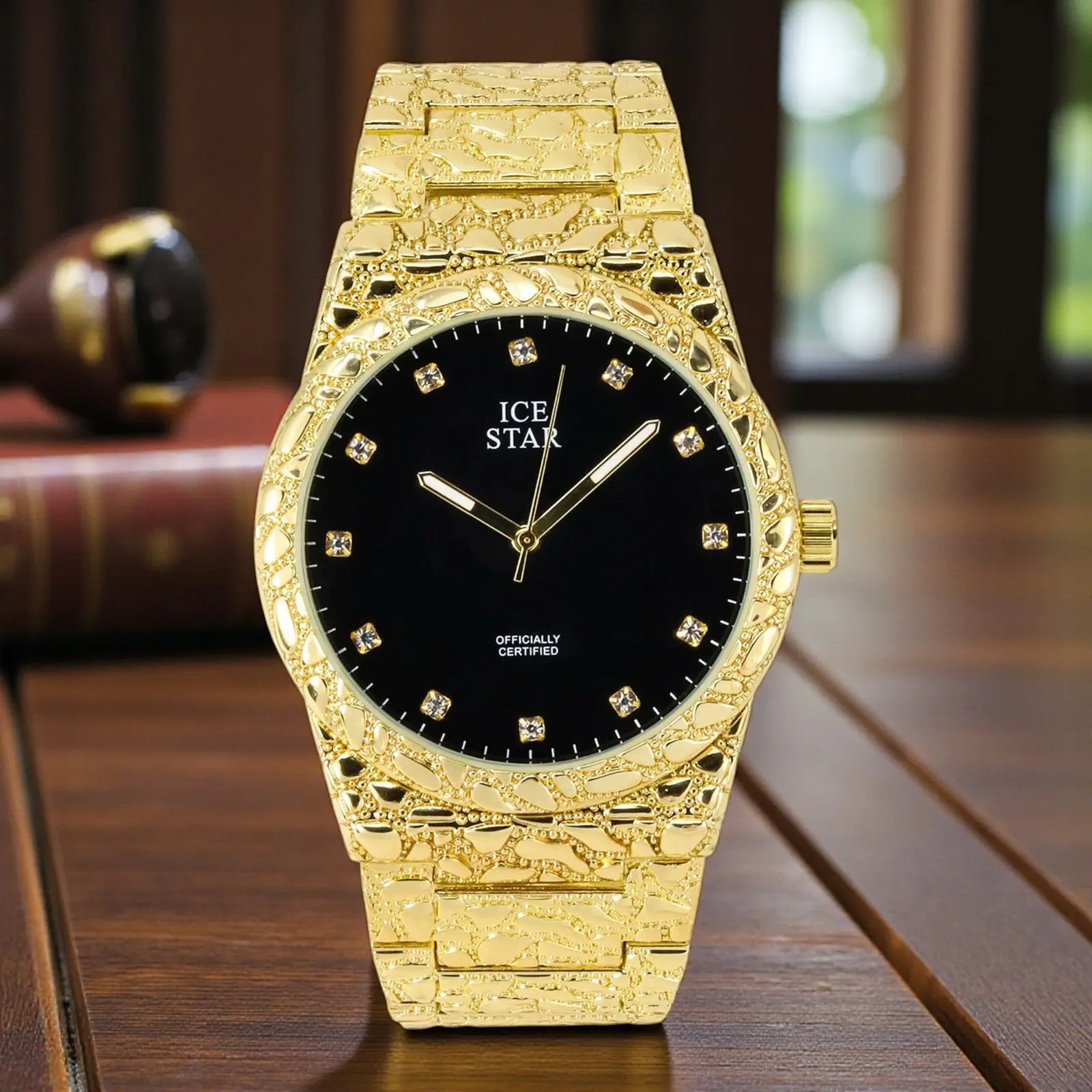 MaxBling81 Men's Golden Hip Hop Alloy Watch - 43mm Round Dial Analog, Gold-Plated Nugget Pattern Bezel, Black Dial, Adjustable Bracelet with Foldover Clasp, Quartz Movement, Casual Wear
