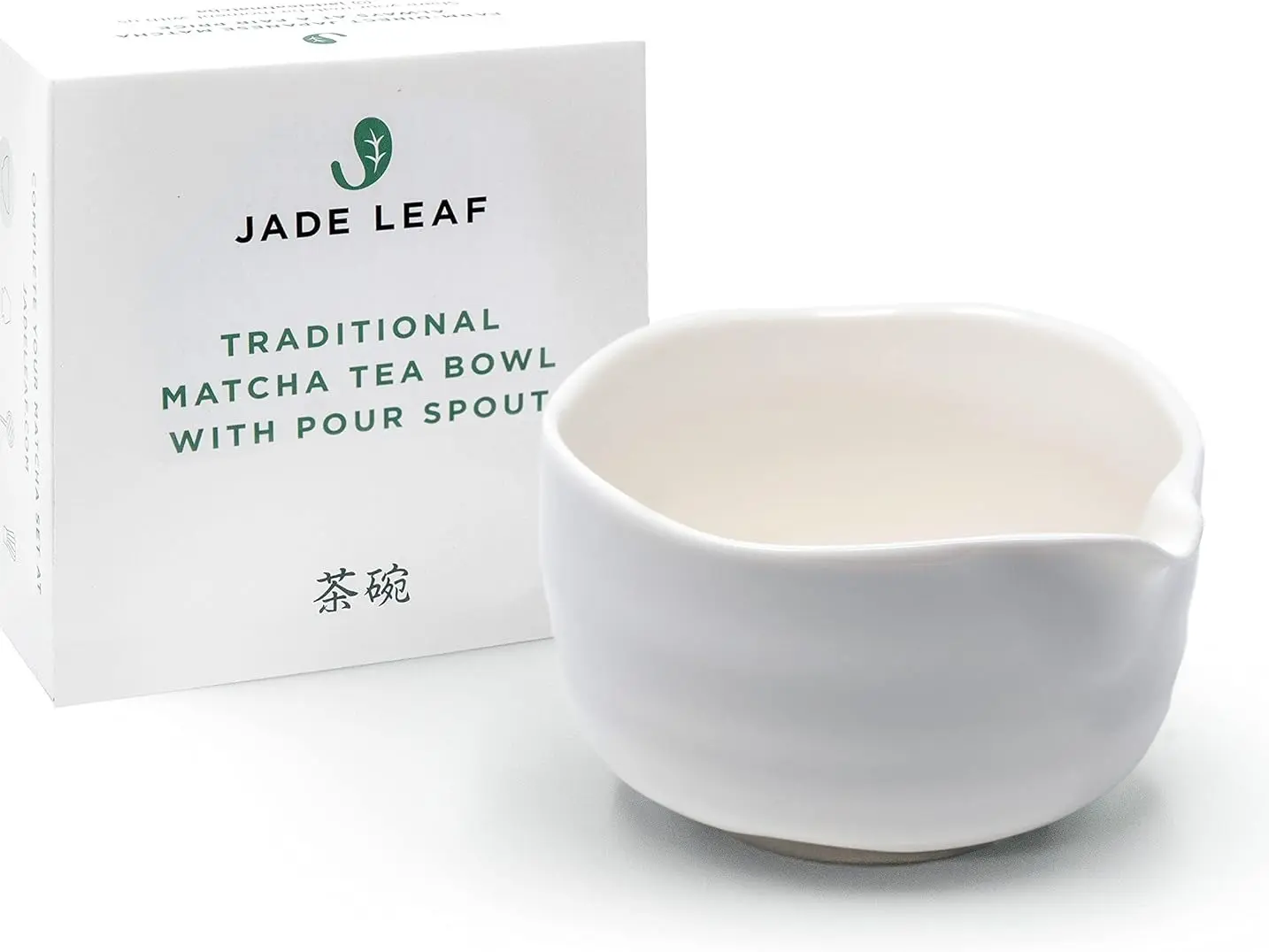 Jade Leaf Matcha - Traditional Porcelain Tea Bowl with Pour Spout - Hand Made with White Matte Glaze - 18 Ounce - Great Gift for Matcha Lovers