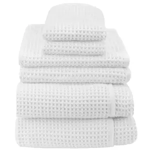 AURA by S&T INC. Towel Set, 6 Piece Set, Premium Waffle Weave, Bath Towels, Wash Cloths and Hand Towels for Bathroom, Kitchen, and Home, Absorbent and Fast Drying Microfiber, 420gsm, 6 Pack, White
