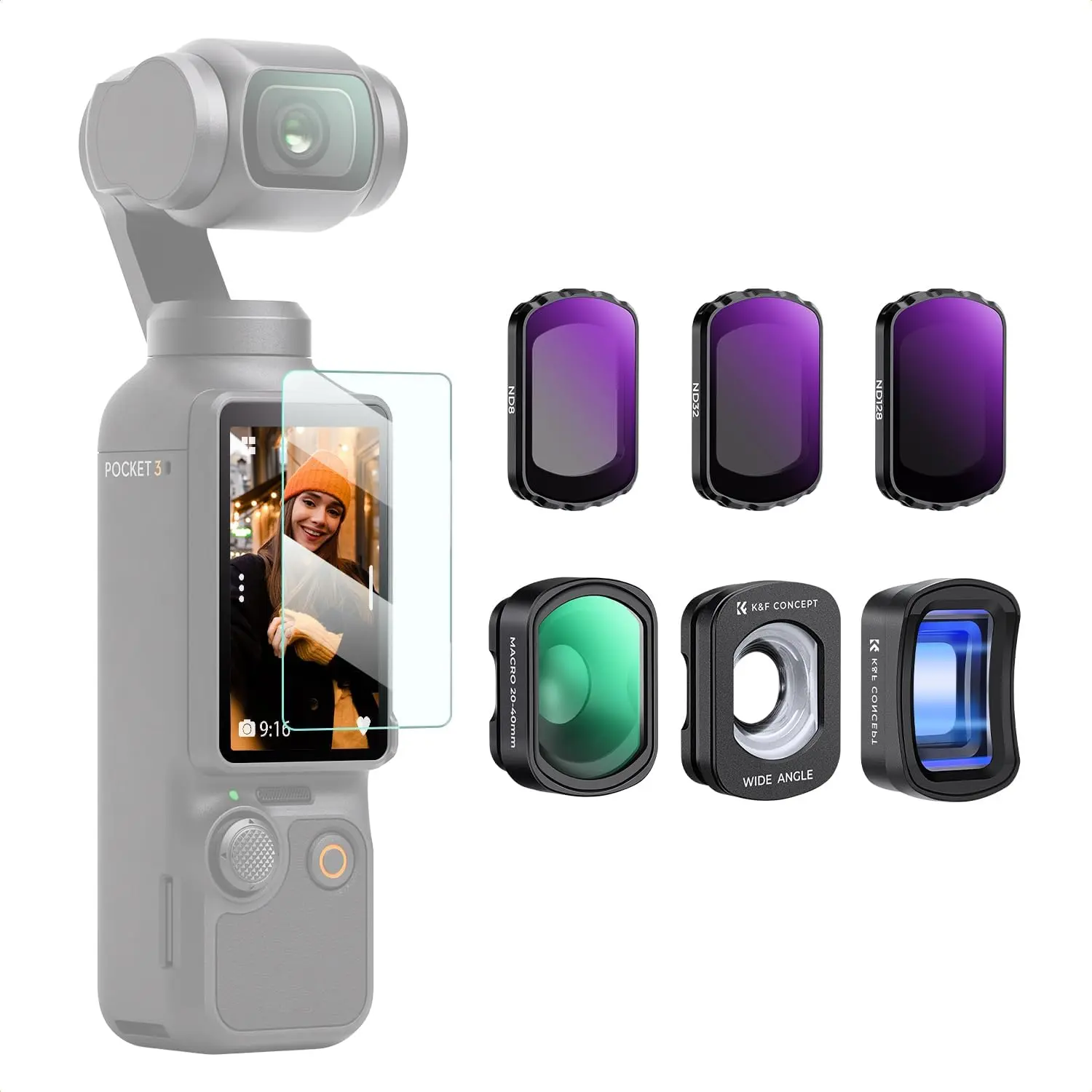 K&F Concept Complete Camera Accessories Kit for DJI Osmo Pocket 3/XTRA – 1.2X Anamorphic, Wide-Angle, 10X Macro Lenses + ND8, ND32, ND128 Filters, Magnetic Attach, Multi-Coated Optical Glass