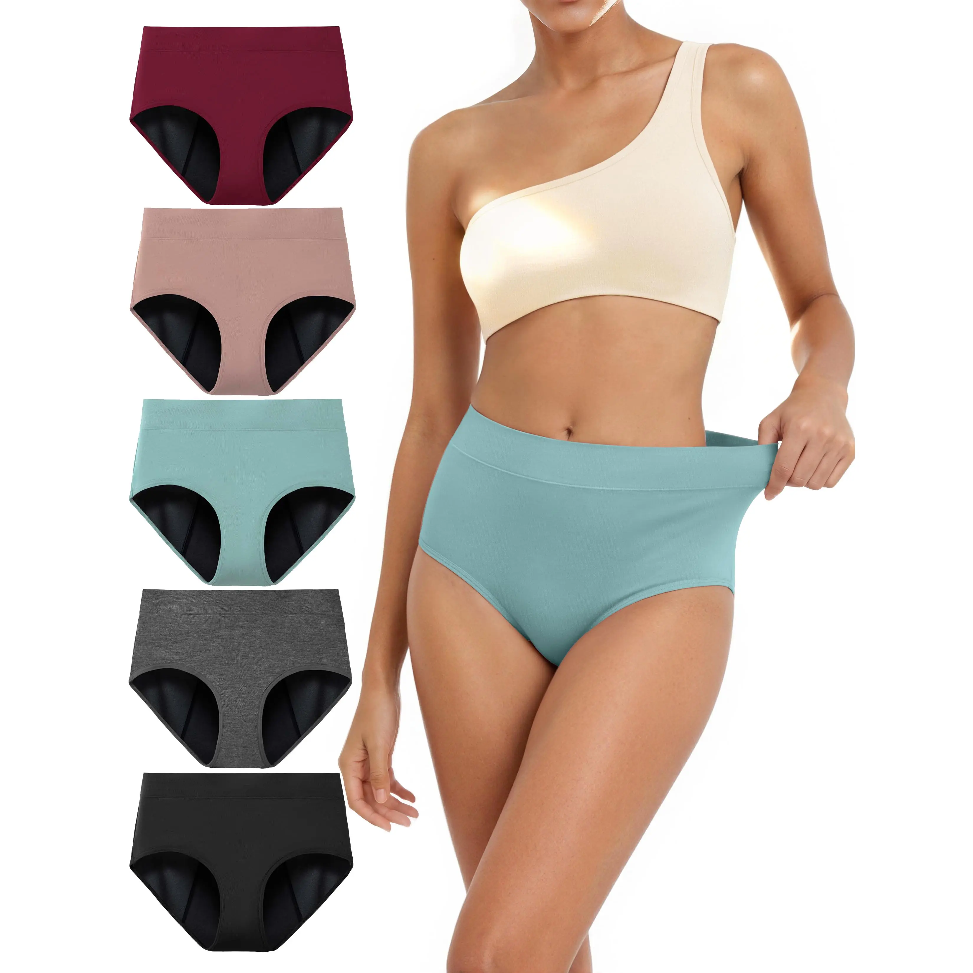 TIICHOO Women's High-Waist Period Underwear - Basic, Minimalist, Comfortable 5-Pack for Heavy Flow, Day & Everyday Use, Super Absorbency Incontinence Panties, Period Pants, Secure Fit, Fabric, Discreet Look, Heavy Absorption, Machine Wash