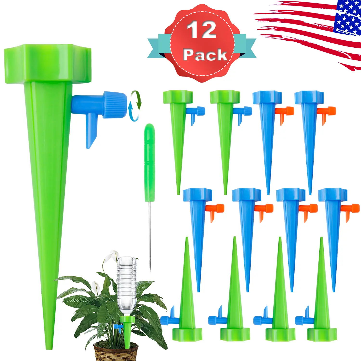 12-Pack Automatic Watering Devices - Sturdy, Adjustable Drip Garden Watering Stakes, Cost-Effective Hands-Free Plant Care System, Bottle-Fit Vacation Tools for Indoor Potted Plants, Sturdy Plastic