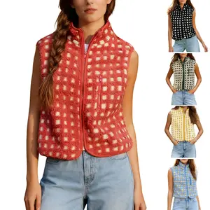 Mundoven Womens Checkered Sherpa Vest Fleece Fuzzy Zip Up Sleeveless Jacket Casual 2025 Winter Warm Outwear