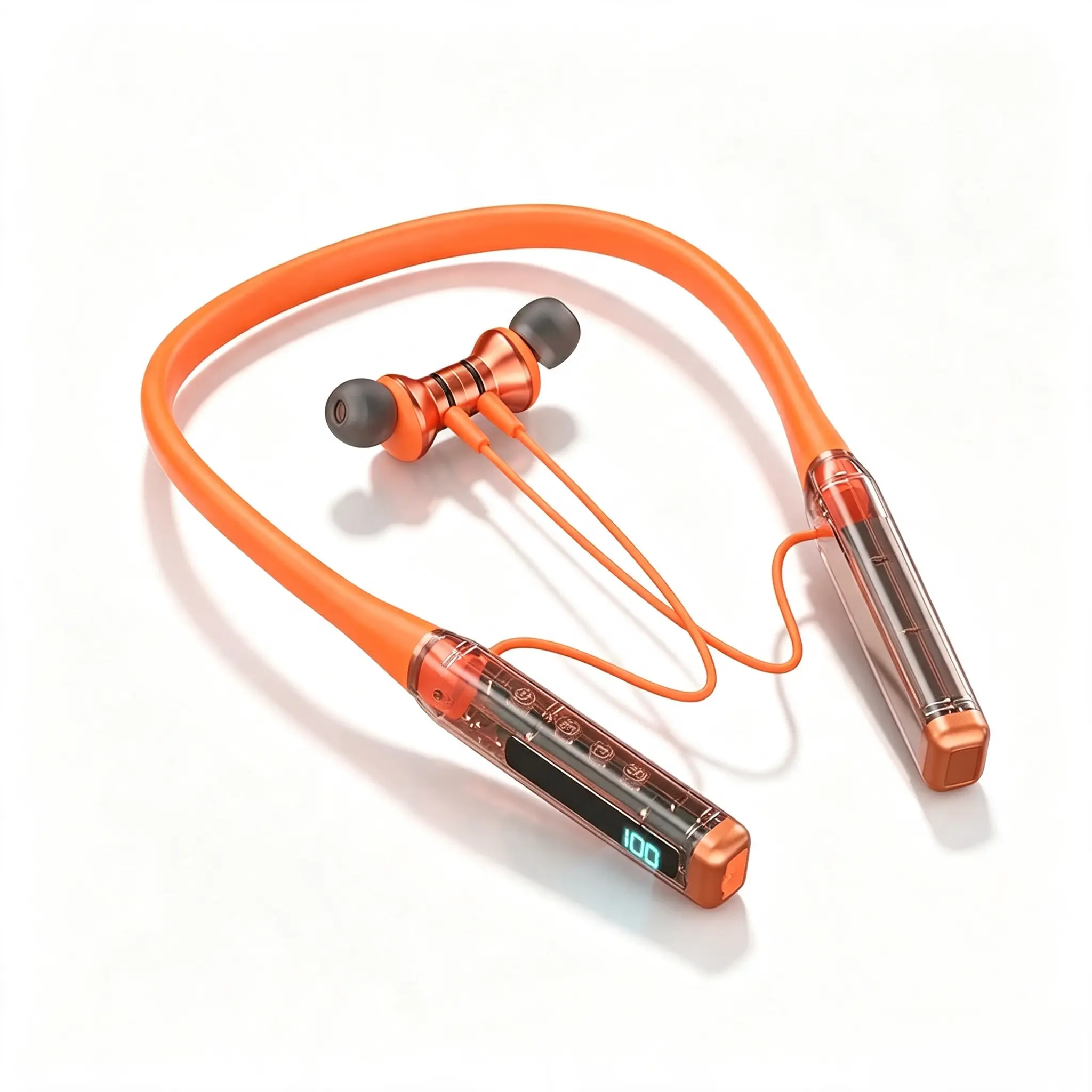 Silicone Chargeable Wireless Neckband Bluetooth Headphones (Single Pair), Bluetooth 5.3 Earbuds with Transparent Body, TF Card-MP3 Dual Modes, LED Digital Display, HiFi Bass Stereo, Button-Controlled Hands-Free Calling, Fast Charging for Running, Workout,