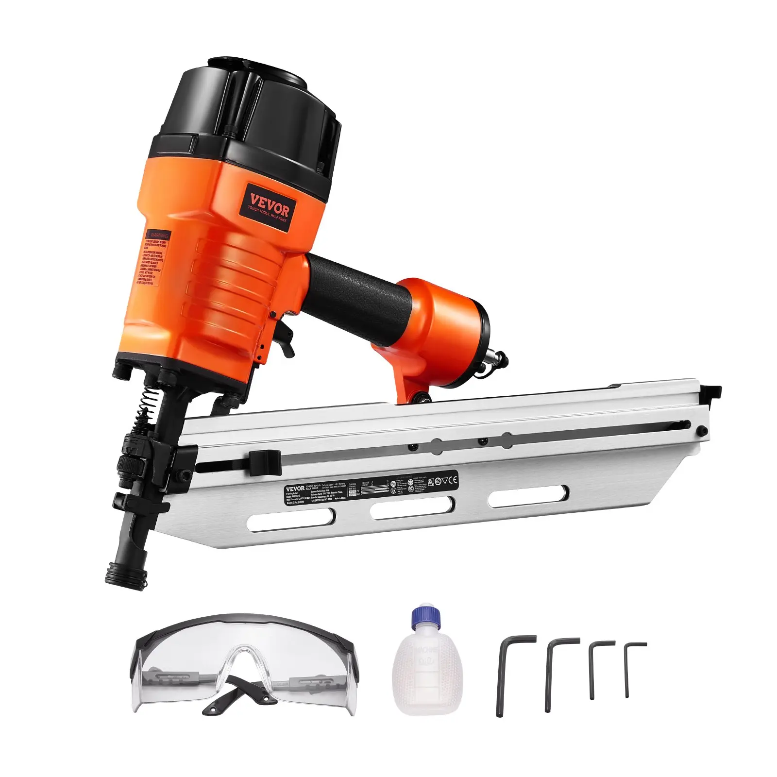 【summerfinds】VEVOR Pneumatic Framing Nail Gun - 2-3.5 In Aluminum Body Nailer, 21° Full Round Head, 80-120 PSI Pressure, Ergonomic Efficient Magazine, High Compatibility Power Tool for Woodwork