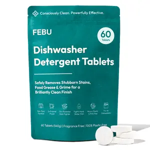 FEBU Plastic-Free Dishwasher Detergent Tablets for Deep Cleaning | Non-Toxic Dishwasher Pods, 60 Loads, 9g, Spot & Film-Free Even in Hard Water | Dissolves Fully, Enzyme + Oxygen Power | Unscented