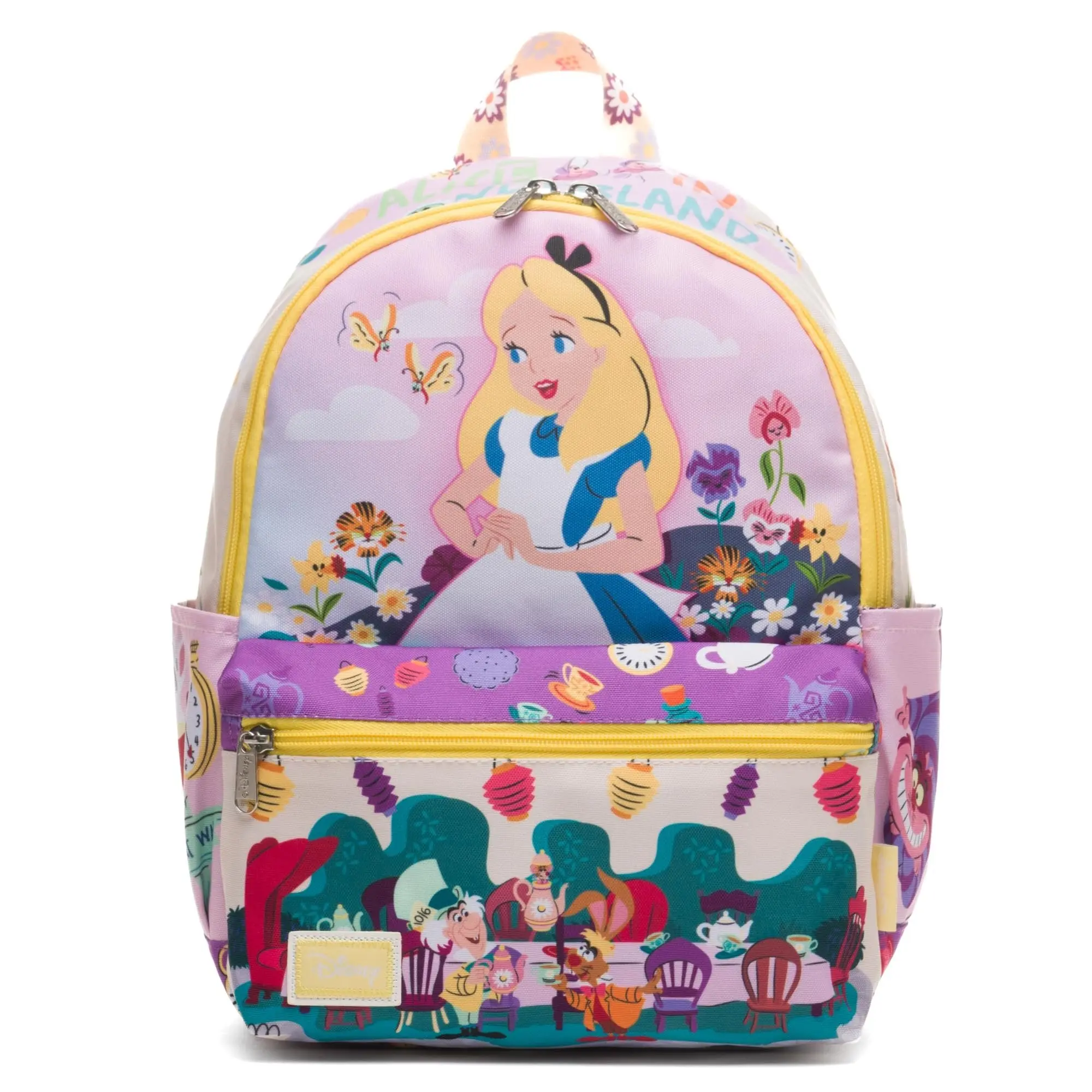 Wondapop Disney Alice in Wonderland Tea Party 13" Deluxe Nylon Fabric Backpack - Casual Travel Bag with All-Over Cartoon Character Art, Synthetic Functional Design, Multiple Zippers, for School Use, Casual Travel Backpack, Backpacks For School