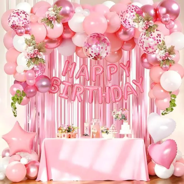 Pink Birthday Decorations for Women & Girls, Pink Metallic Balloon Set, Pearl White Confetti Balloons, Happy Birthday Banner, Fringe Curtains Party Backdrop Kit for Birthday Party Supplies