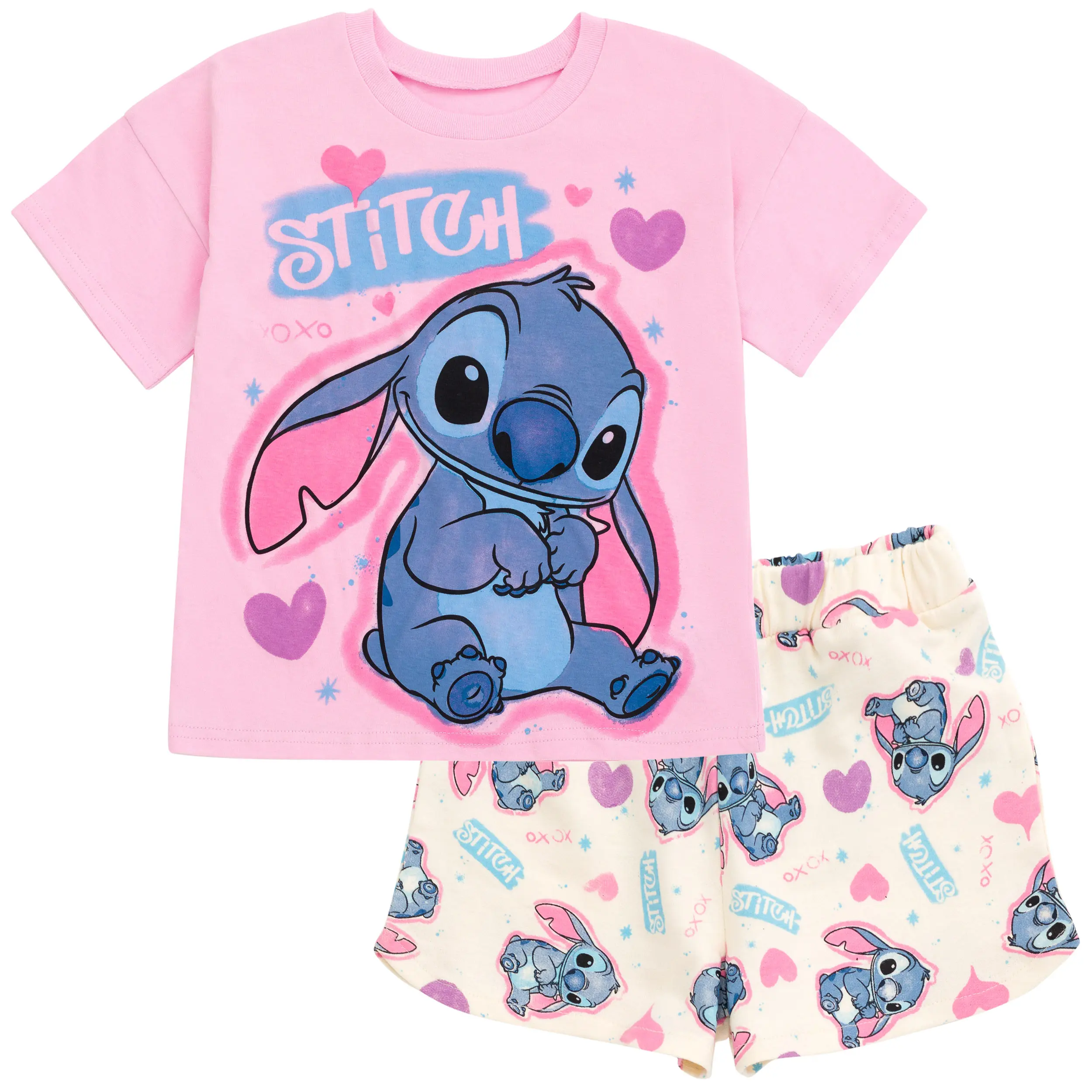 Disney Lilo & Stitch Girls' 2-Piece Graphic Round Neck T-Shirt and French Terry Shorts Set, Casual Wear, Toddler to Big Kid, Birthday Gift, Character Print, 4 - 5 Years, 4T, All Over Print, Cotton, Cream, Kids, Kids Clothing Girls