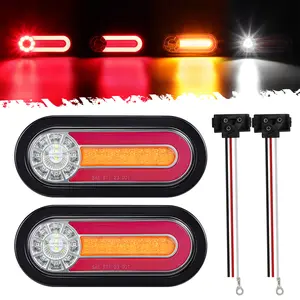Partsam Oval Round LED Trailer Tail Lights with Halo Glow, Stop Turn Tail Brake Reverse Combo Red/White/Amber, IP67 Waterproof Flush Mount Grommet Kit 10-30V