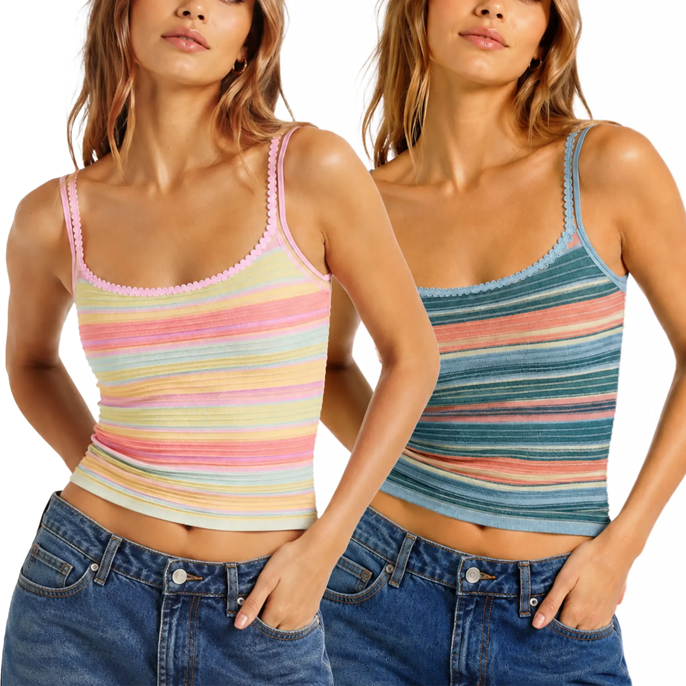 Wandal Women’s Sparkle Tank Top, Striped Lace Trim Ribbed Cami, Adjustable Spaghetti Strap Slim Fit Crop Top, Y2K Summer Going Out Top