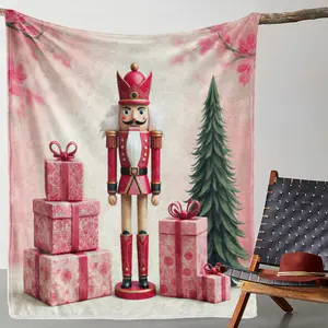 1pc Sdoo Vintage Nutcracker Soldier Flannel Blanket - Soft Warm All-Season Throw with Festive Red & Pink Floral Design, Cozy for