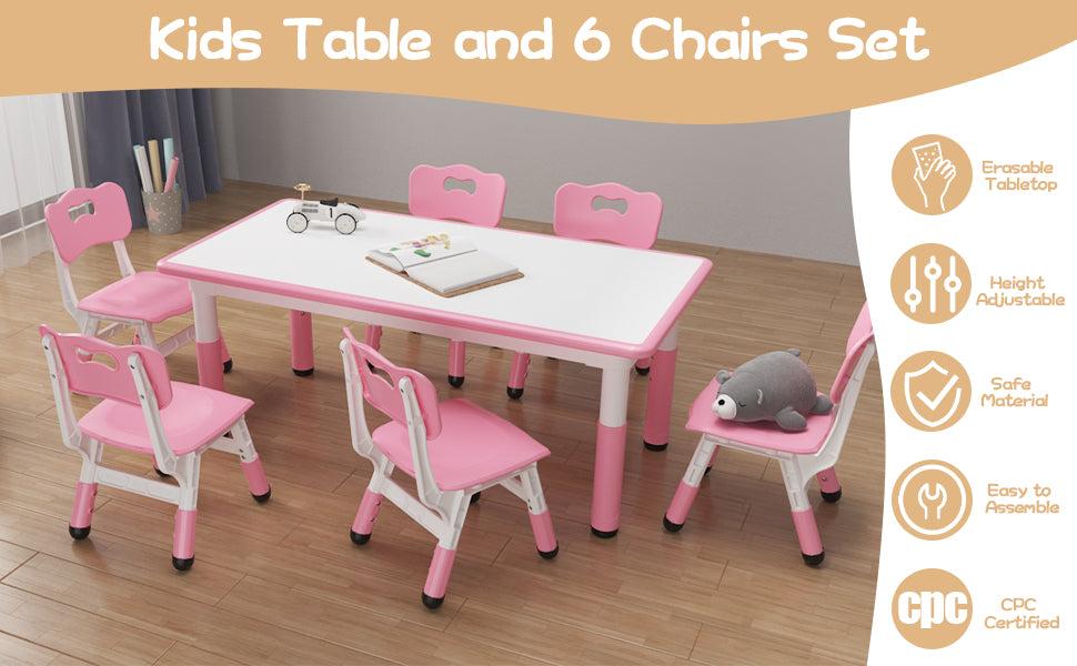 GARVEE Adjustable Height Toddler Table with 6 Chairs - Multi-Activity Set for Ages 2-10, Ideal for Home, Daycare, or Preschool, Available in Pink, Nature, and Grey Options.