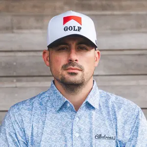 Alboro Hat - White & Black Adjustable Cap with "GOLF" Design, Featuring Red Roof and Casual Style