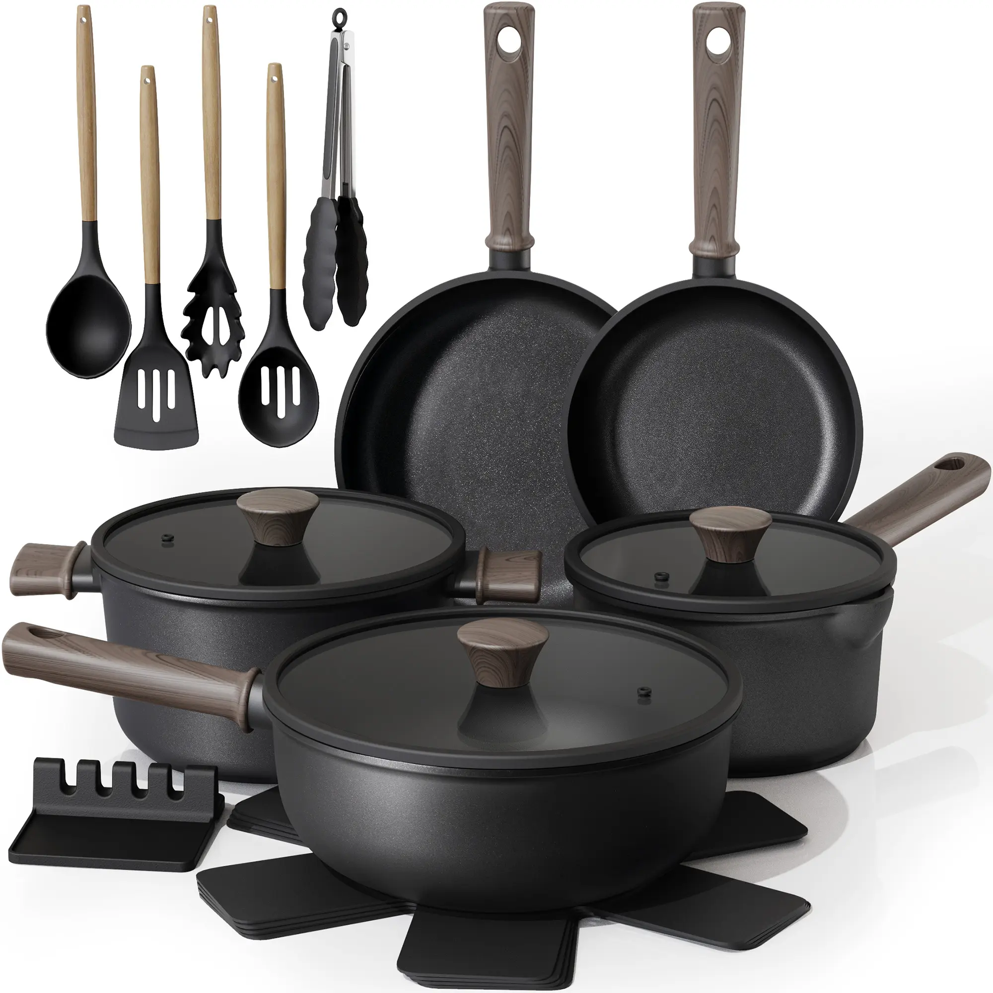 Astercook 18-Piece Non-Stick Pots & Pans Set Induction Compatible Cookware with Wooden Handles for Everyday Home Cooking