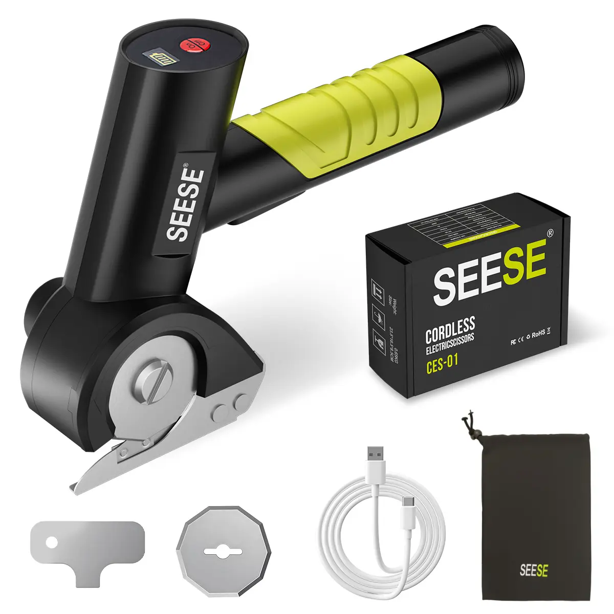 SEESE Rechargeable Cordless Electric Scissors, Electric Cardboard Box Cutter with 2 Safety Blades & Storage Pouch - Cuts Cardboard, Leather, Fabric, and Plastic