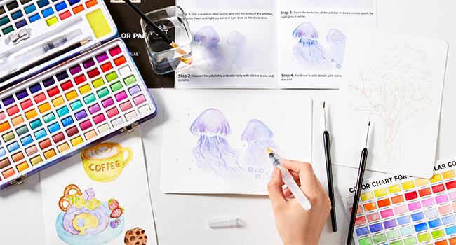 Shuttle Art Watercolor Paint Set, 128 Vibrant Colors with Metallic Shades, Travel Watercolor Set with Watercolor Brushes, Palette, Watercolor Sketchbook and Coloring Sheets for Adults, Artists