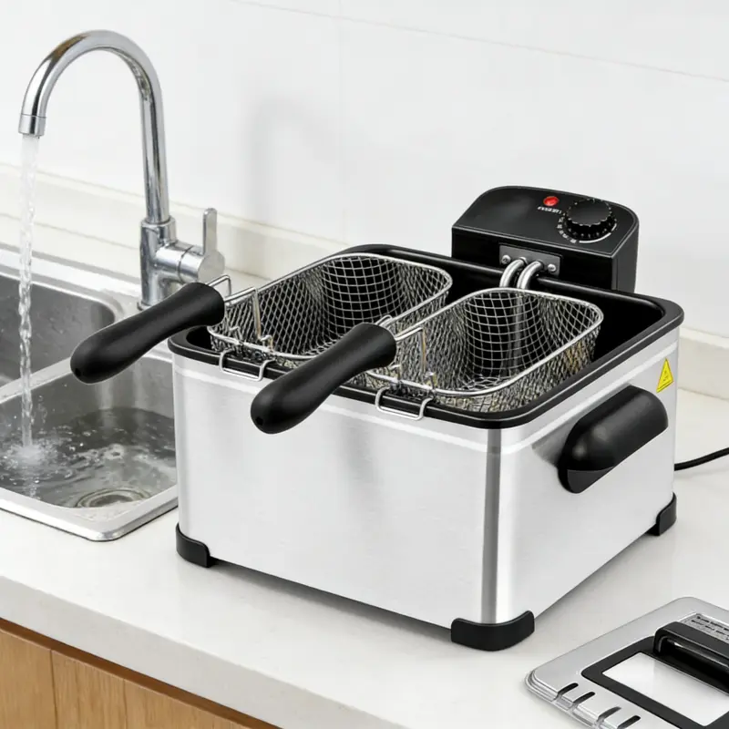 1400W 5L deep fryer with basket, electric deep fryer with oil filter, lid with observation window, adjustable timer and temperature, stainless steel body, small silver desktop deep fryer for household kitchen Powerful Cooking