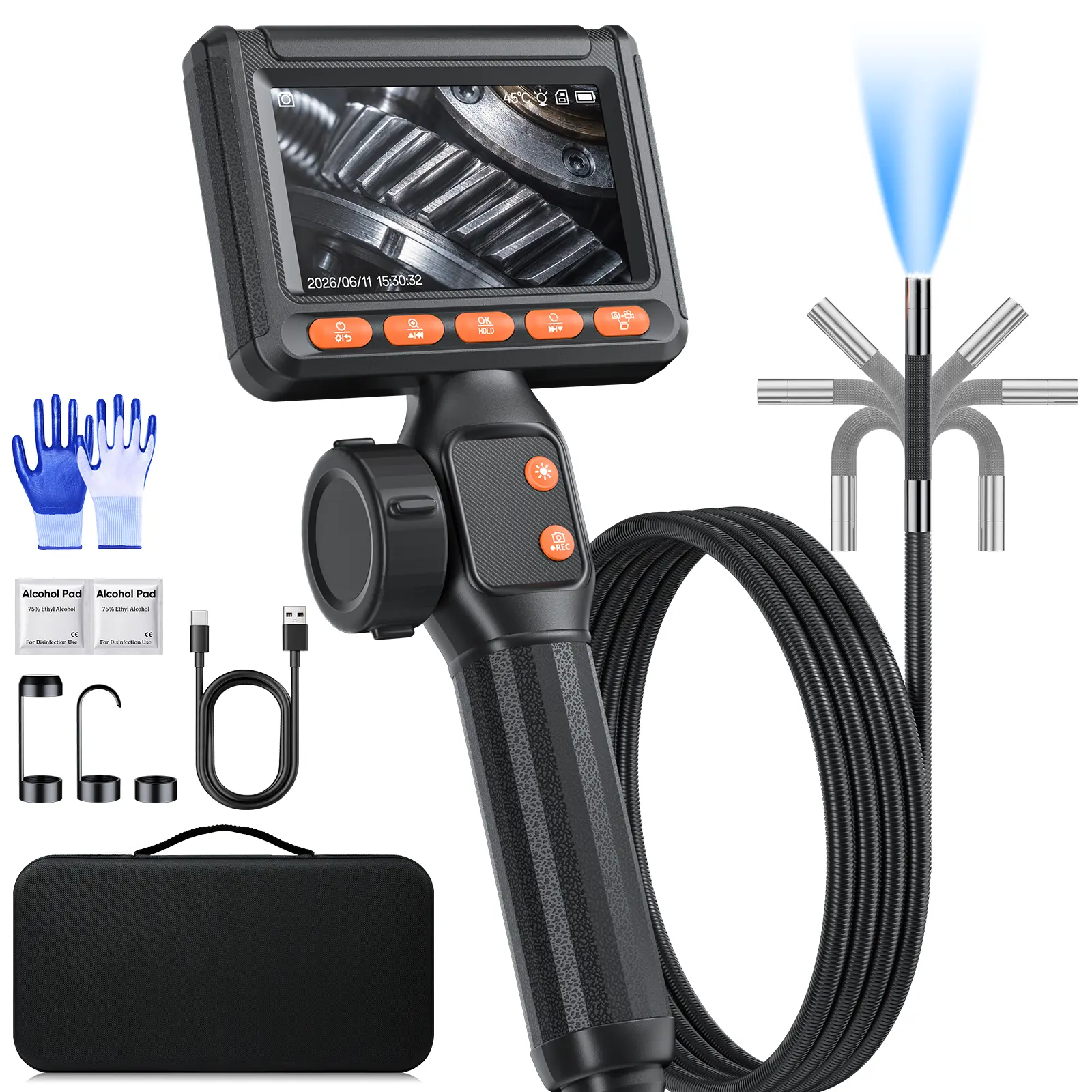 SHEKAR 0.33in/0.23in/0.15in Two-Way Endoscope Camera with Light Rotatable Flexible Waterproof Borescope, Articulated Snake Camera, Inspection Scope for Automotive, Mechanic, Wall, Vehicle, Drain, Home Improvement