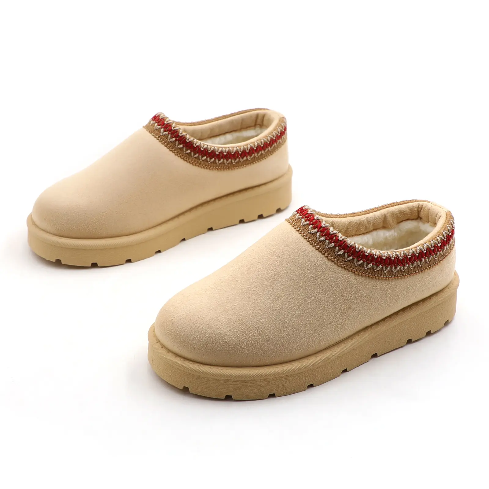 Women's No-Heel Slip-On Platform Ankle Boots - Classic Suede Winter Footwear with Warm Faux Fur Lining and Braided Trim, Pvc