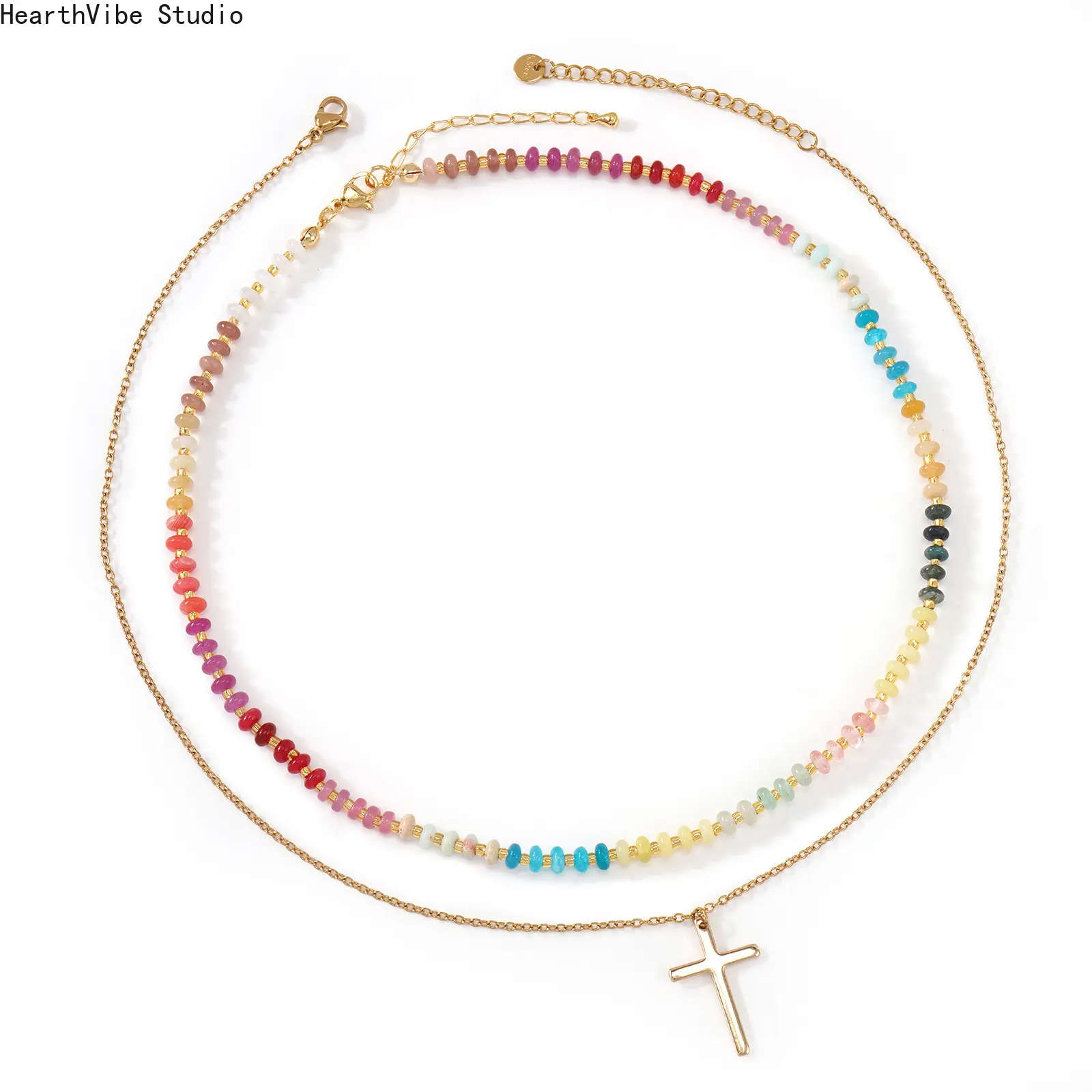 Multi-Layered Gradient Beaded Choker Necklace for Women, Colorful Female Cross Chain with Abacus Beads, Beaded Chains